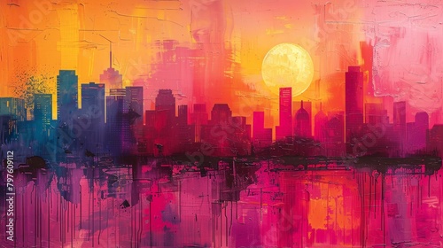 Vibrant hues depict a dreamlike scene of urban skyscrapers and Texas prairie landscapes, a unique abstraction. 