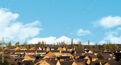 Spring Sky blue,Clouds Landscape rural village,Horizon Countryside in small town with cloudy in sunny day summer, View of Row of Typical English Terraced Houses in Middlebrough,North of England © Anchalee