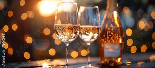 Wine glasses glisten beside a bottle of champagne, their contents reflecting the last rays of daylight.
