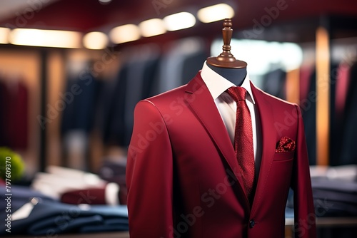 Red suit with necktie on a mannequin in a fashion store