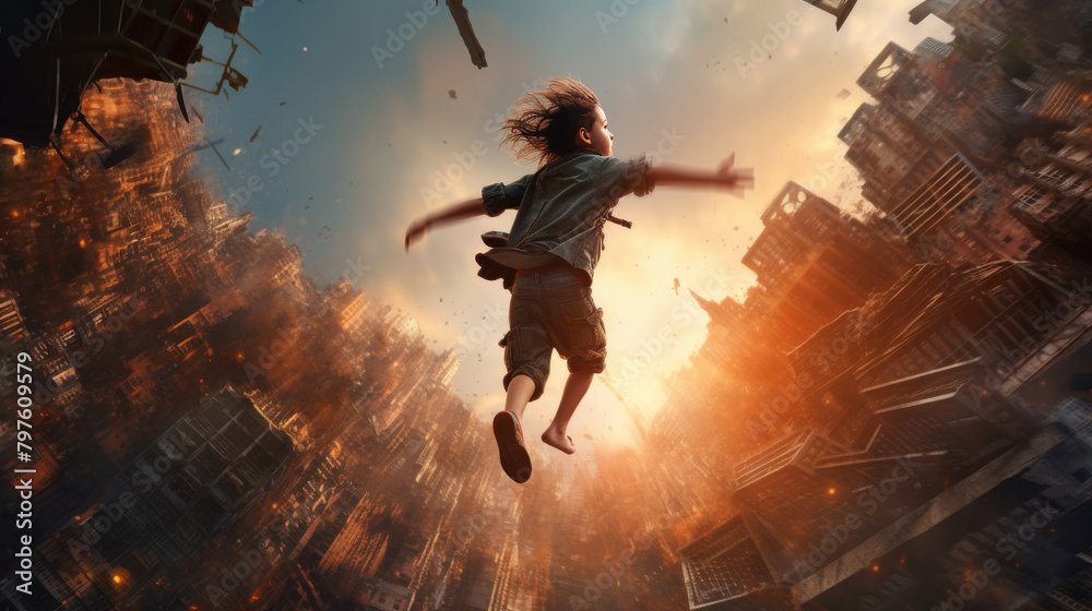 Fantasy low angle view of an exciting kid, wearing a backpack,  fly in the sky with destroying and falling skyscraper building atmosphere.