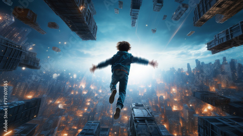 Fantasy low angle view of an exciting kid, wearing a backpack,  fly in the sky with destroying and falling skyscraper building atmosphere. © Surachetsh