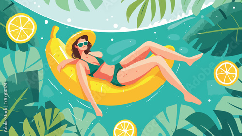 Summer banner with woman in bikini relaxing swimming