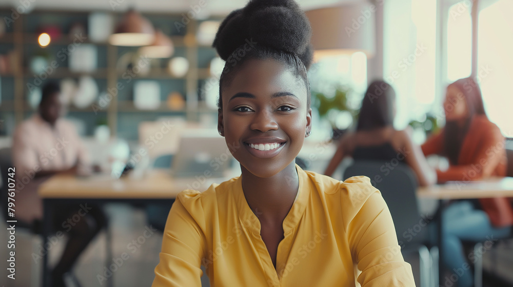 Fototapeta premium At a modern conference table, a black young woman leads a team meeting with confidence, her smile conveying both professionalism and approachability as she discusses project milest