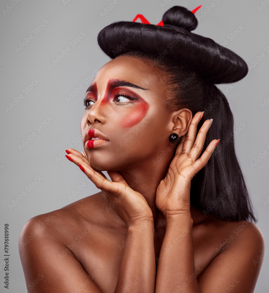 Black woman, fashion and geisha makeup in studio for art, confidence or thinking on gray background. African female person, hands and Japanese style for glamour, attraction and elegance or cosmetics Black woman, fashion and geisha makeup in studio for art, confidence or thinking on gray background. African female person, hands and Japanese style for glamour, attraction and elegance or cosmetics