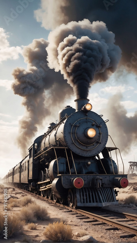 Vintage steam train chugging through a retro post-apocalyptic wasteland.