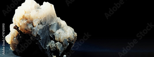 Colemanite fossil mineral stone. Geological crystalline fossil. Dark background close-up. photo