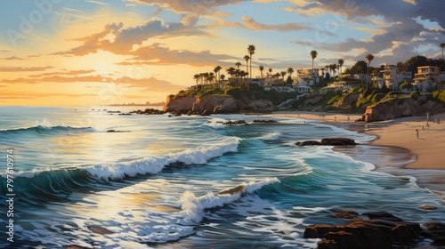 A Vibrant Oil Painting, small seaside town with a fountain, trees, beach, waves, white water, ocean, sunset, clouds, hyper detailed, cinematic lighting, long shadows, saturated contrast, AI Generative