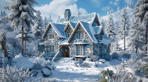 The image shows a large, two-story house covered in snow. The house has a grey stone exterior and a large front porch. There are snow-covered trees and bushes in the front yard. The sky is blue and th © Awais