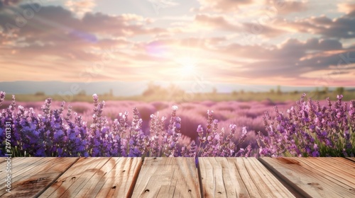 Beautiful lavender flower field with wooden table top for product display