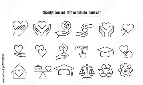 Charity editable stroke outline icons set. Donate, charity, solidarity, trust, social care, community, helping hands, partnership and help and more. Editable stroke. Vector illustration