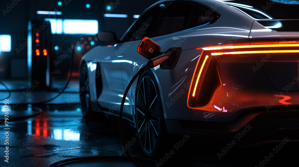 The charging port of an electric car, illuminated by soft LED lights, connects seamlessly with the charging station, showcasing the sleek and futuristic design of eco-friendly tran