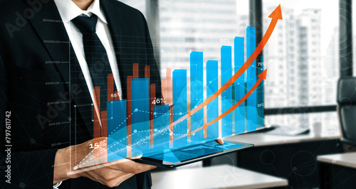 Double Exposure Image of Business and Finance - Businessman with report chart up forward to financial profit growth of stock market investment. uds
