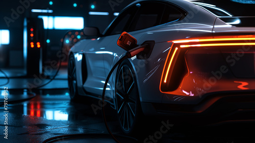 The charging port of an electric car, illuminated by soft LED lights, connects seamlessly with the charging station, showcasing the sleek and futuristic design of eco-friendly tran © Maksym