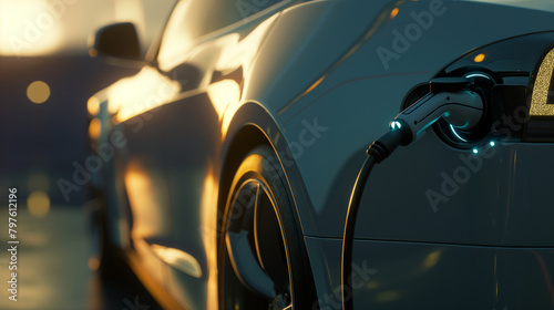 Close-up of the electric car's charging port, bathed in soft sunlight, evoking a sense of progress and renewal as clean energy flows seamlessly into the vehicle, reducing carbon fo photo