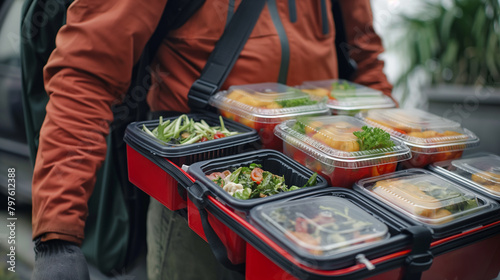 Close-up of a food delivery man's backpack filled with neatly packed food containers, each one carefully prepared and ready to be delivered to a customer's doorstep, ensuring a del