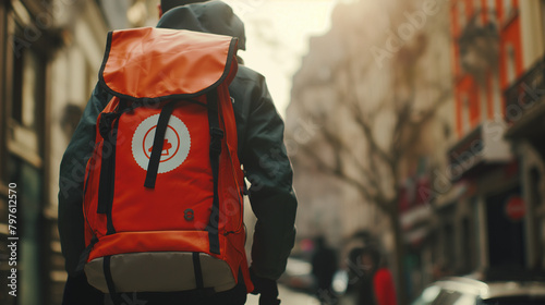 A close-up of a food delivery man's backpack adorned with the logo of the delivery service, filled with delicious meals ready to be delivered to hungry customers, ensuring convenie