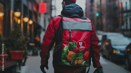 A close-up of a food delivery man's backpack adorned with the logo of the delivery service, filled with delicious meals ready to be delivered to hungry customers, ensuring convenie