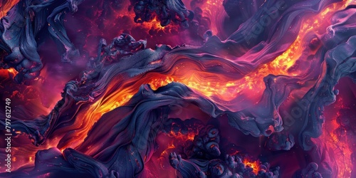 Intense colors and fiery movements of stylized lava swirls on the background. 