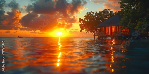 In the idyllic scenery of a tropical paradise, a romantic cottage overlooks the sunset-drenched coastline. photo