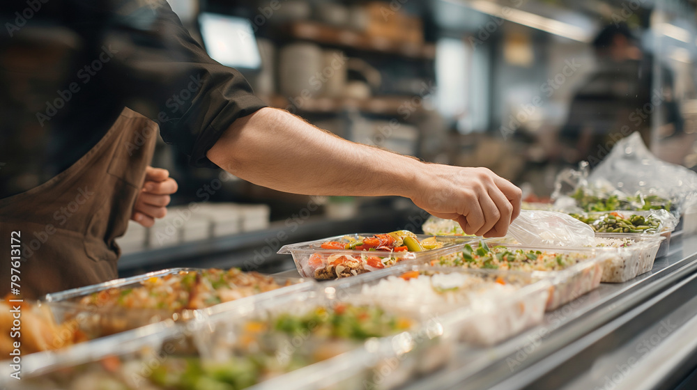 Close-up of a food delivery man's hand reaching out to pick up a carefully packaged order from the counter of a bustling cafe, the anticipation of delivering culinary delights evid
