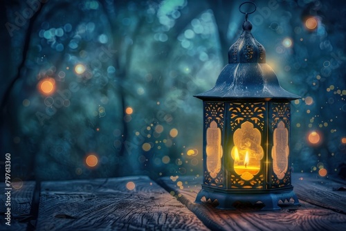 Ornamental Arabic lantern with burning candle glowing at night outdoors nature spirituality. © Rawpixel.com