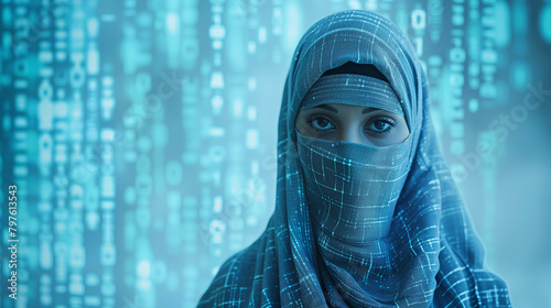 A portrait of an muslim female hacker in cyberspace amidst a data matrix, emphasizing the intersection of identity and digital spheres.