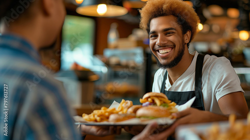 A close-up of a fast food worker's beaming smile as they hand over a tray of mouth-watering treats to an excited customer, the exchange symbolizing the joy of indulging in favorite