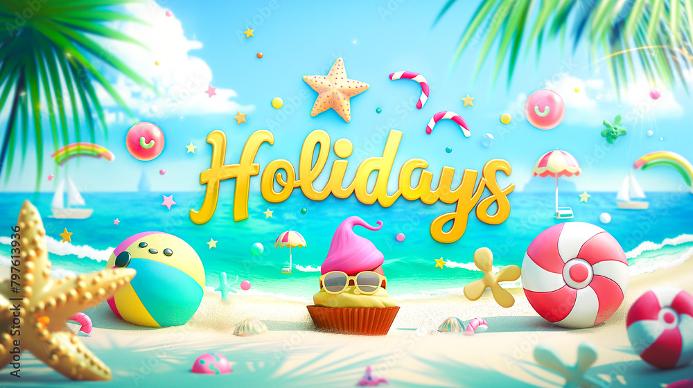 Background with happy emoticons and summer symbols and the words 
