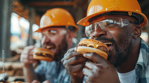 Close-up of two male engineers in hard hats enjoying burgers during their lunch break at the construction site, the camaraderie between them evident as they share a moment of relax