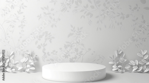 Abstract White Leaf Pattern Background and White Round Platform