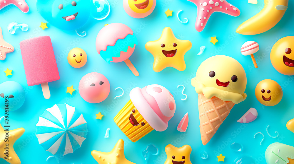Background with happy emoticons and summer symbols ice cream, beach ball Background with happy emoticons and summer symbols ice cream, beach ball