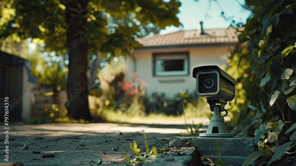 A security camera is mounted on a small concrete pedestal in a yard. It is pointed toward a house, which is in the background of the photo
