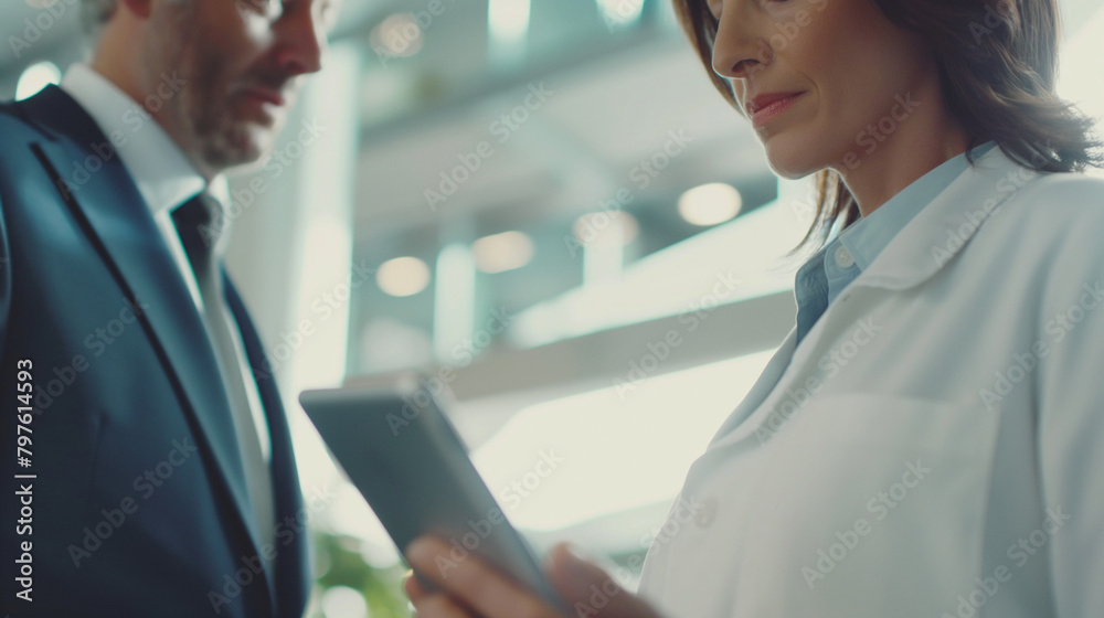 A close-up shot of a female doctor in a modern hospital room, discussing patient care plans on a tablet with a man in a formal business suit, the bright and airy atmosphere reflect A close-up shot of a female doctor in a modern hospital room, discussing patient care plans on a tablet with a man in a formal business suit, the bright and airy atmosphere reflect