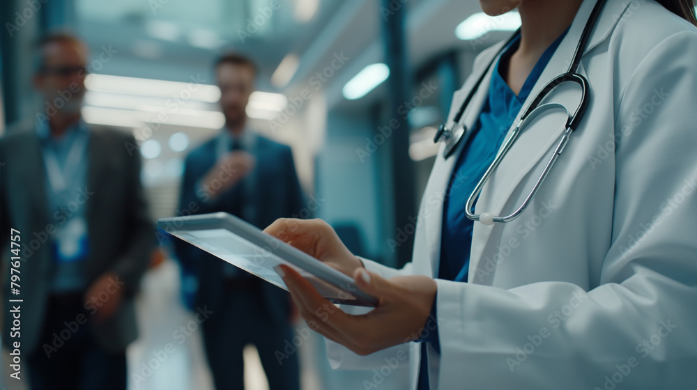Close-up of a female doctor in a state-of-the-art hospital facility, presenting research findings on a tablet to a man in a professional business suit, their dialogue fostering inn Close-up of a female doctor in a state-of-the-art hospital facility, presenting research findings on a tablet to a man in a professional business suit, their dialogue fostering inn