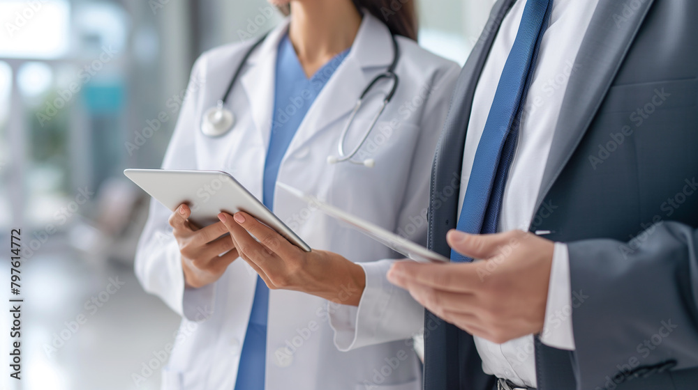 A close-up of a female doctor in a modern hospital environment, discussing treatment options on a tablet with a man in a formal business suit, their interaction symbolizing the col A close-up of a female doctor in a modern hospital environment, discussing treatment options on a tablet with a man in a formal business suit, their interaction symbolizing the col