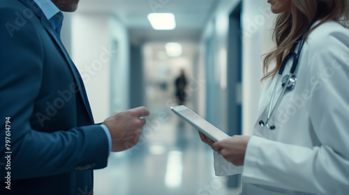 A close-up shot of a female doctor in a bright hospital corridor, presenting treatment options on a tablet to a man in a tailored business suit, their collaborative approach reflec