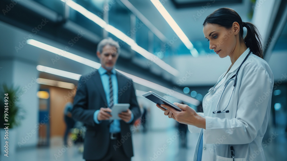 Close-up of a female doctor in a bright hospital reception area, sharing diagnostic images on a tablet with a man in a professional business suit, their collaboration exemplifying Close-up of a female doctor in a bright hospital reception area, sharing diagnostic images on a tablet with a man in a professional business suit, their collaboration exemplifying