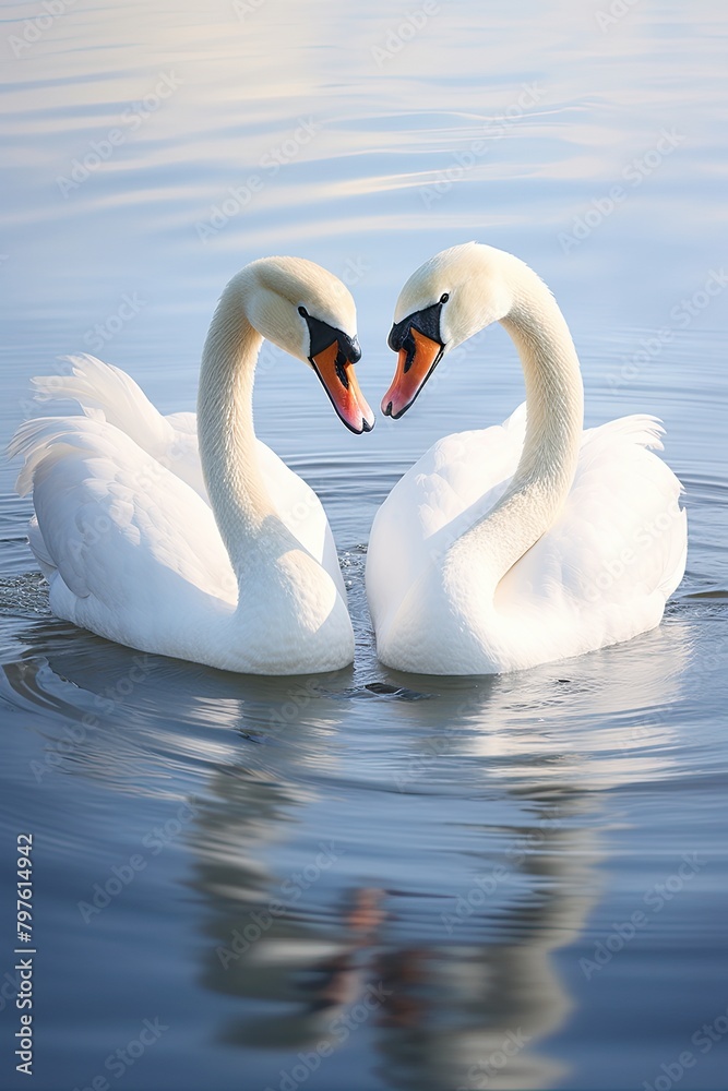 Fototapeta premium Two swans are swimming in a lake, one on the left and one on the right