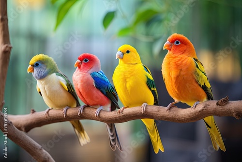 Four colorful parrots are perched on a branch © Vasilisa
