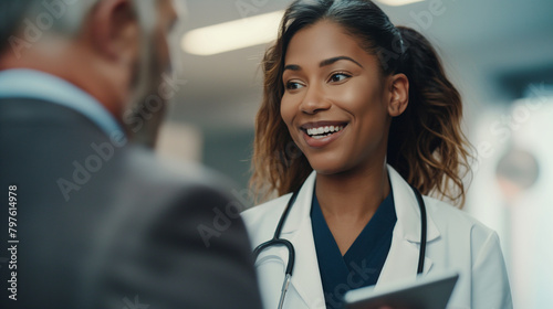 A close-up shot of a female doctor in a modern hospital setting, her reassuring smile complementing the information she shares on a tablet with a man in a business suit, fostering