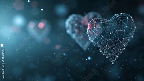 Minimalistic Wireframe Hearts Floating in Space, Minimalistic, wireframe hearts, floating