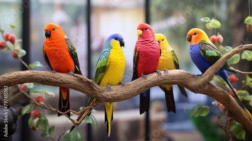 A group of colorful birds are perched on a branch © Vasilisa