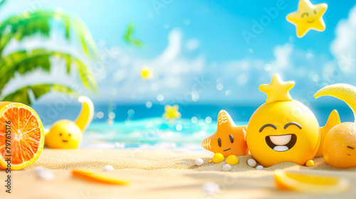 Background with happy emoticons and summer symbols with space for text  © Malgorzata