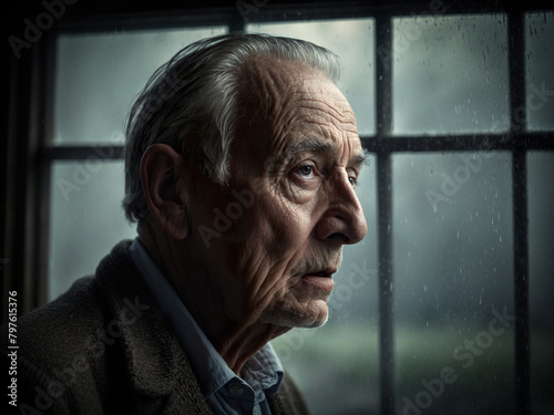 Closeup portrait of an old man looking away. Memory loss, Alzheimer's disease, anxiety or dementia concept.