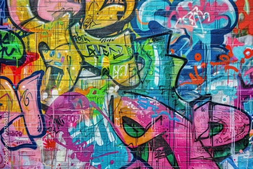Thick and dynamic brush strokes create a vibrant graffiti wall backdrop filled with colorful tags, murals, and street art. 
