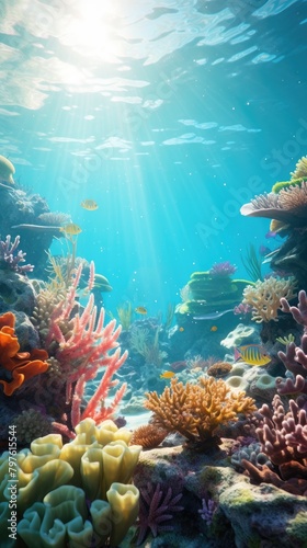 A colorful coral reef with a variety of fish swimming around