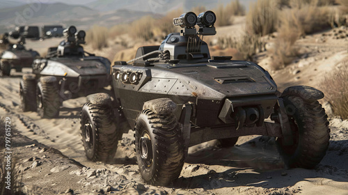 Unmanned ground vehicles patrolling a desert landscape photo