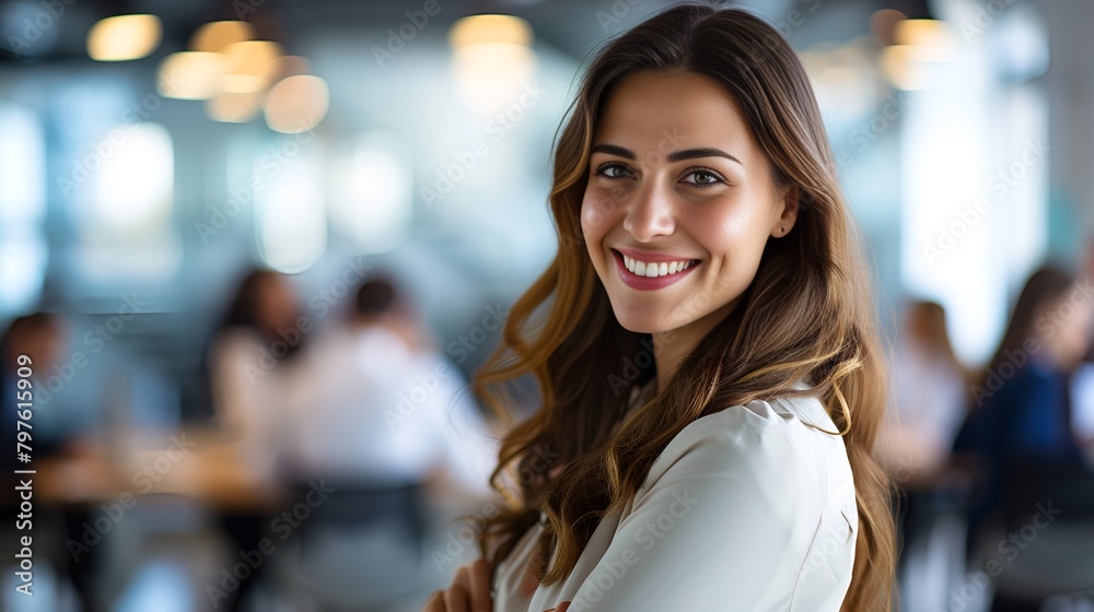 Happy Businesswoman with Project Plan in Blurred Environment, Businesswoman, project plan, blurred