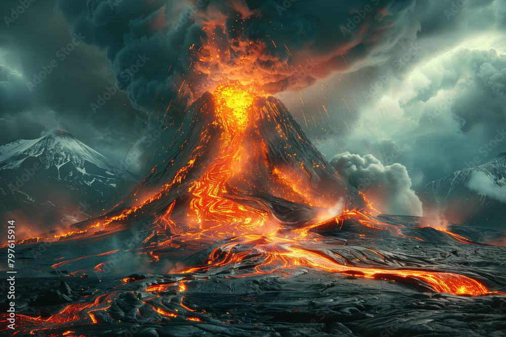 Volcanic Eruption: Ash Flow and Molten Lava
